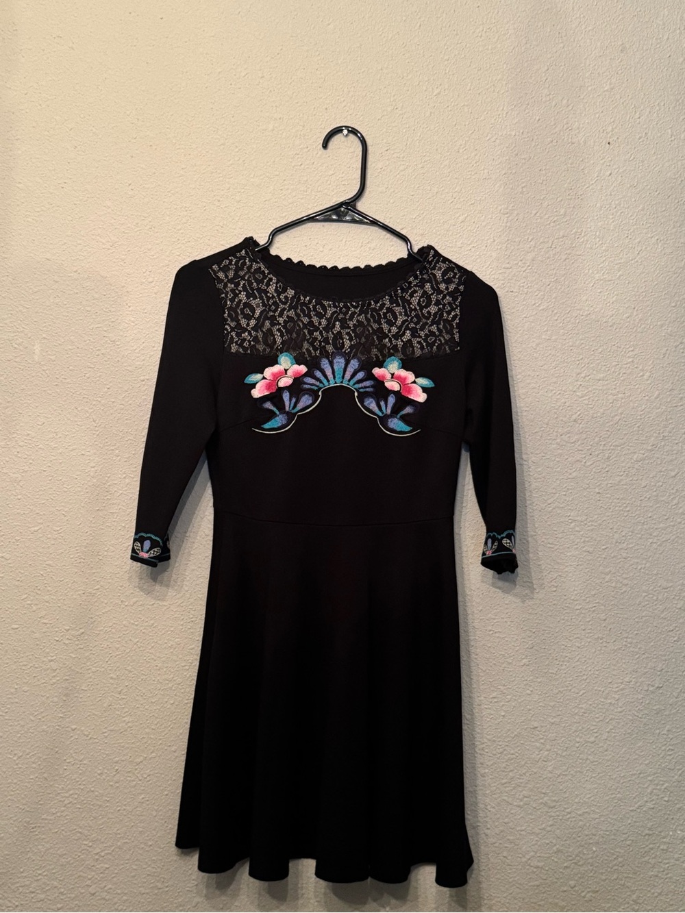 Black Lace Yoke Fit-and-Flare Dress with Floral Embroidery